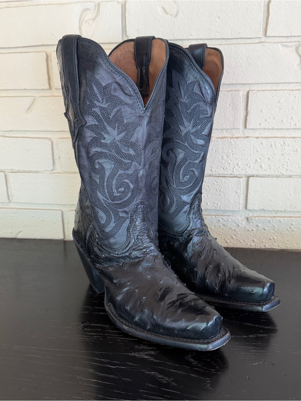 Tony Lama Black Full Quill Ostrich Leather Cowboy Boots Mens 7.5 B Pointed Toe